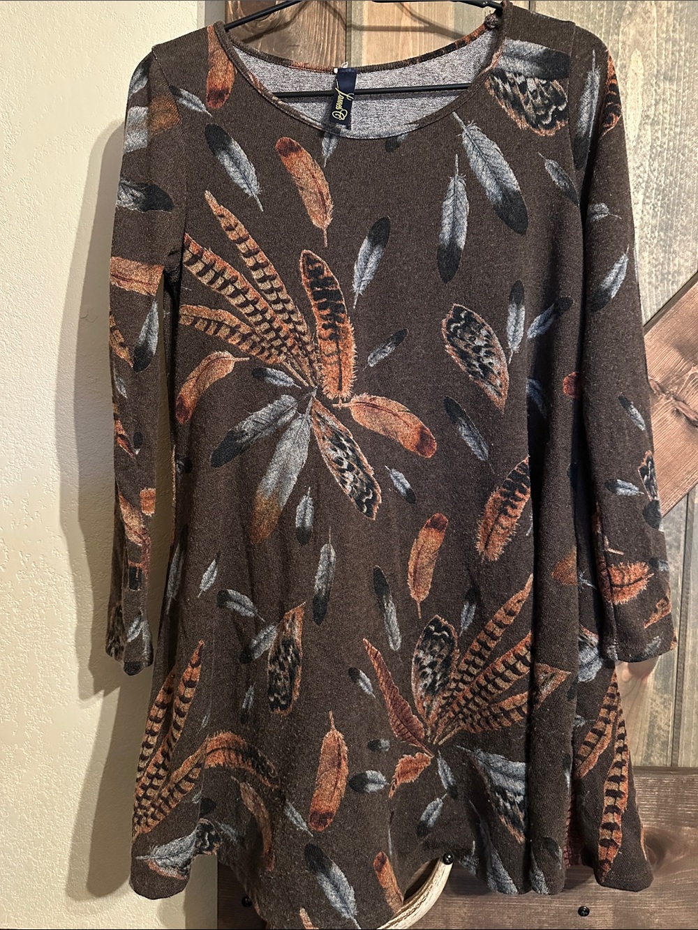 Relaxed Brown Feather-Print Scoop Neck Sweater